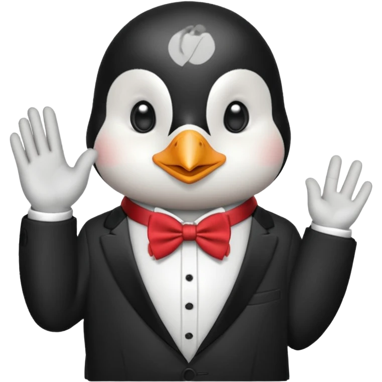 Un pinguino con una pajarita roja haciendo el gesto con la mano abierta de cumplir una promesa emoji
