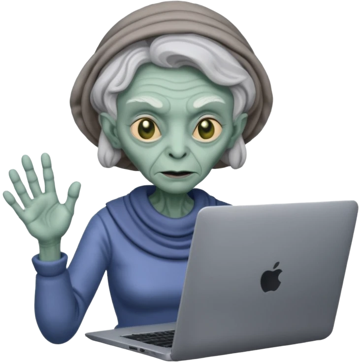 old lady alien with only gaming laptop. emoji