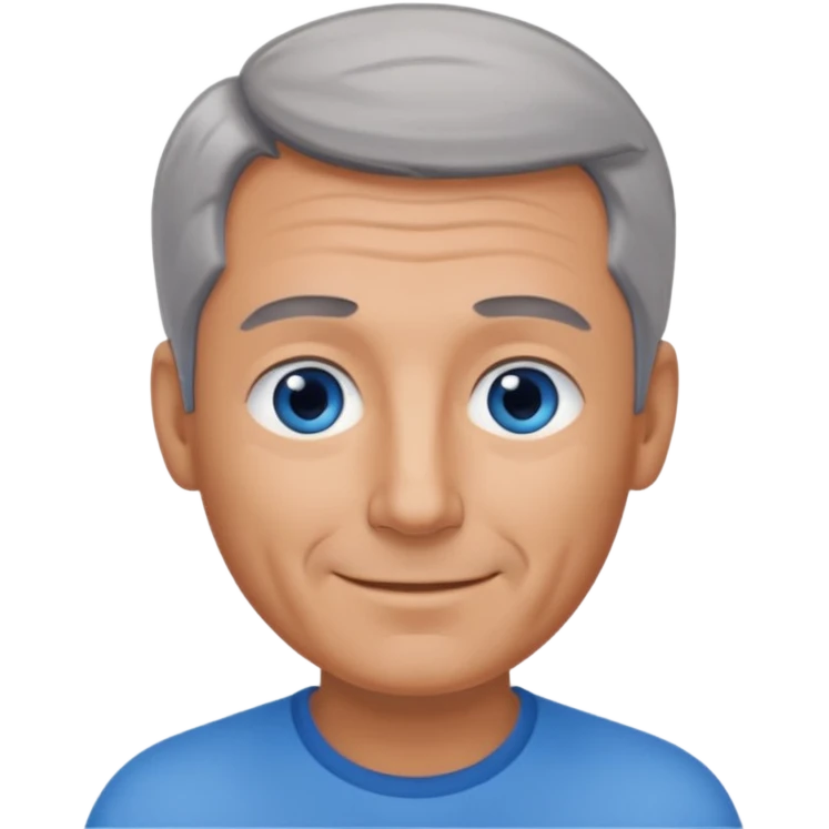 Middle aged man with tanned skin, receding dark grey hair and no beard, blue eyes, shy smile emoji