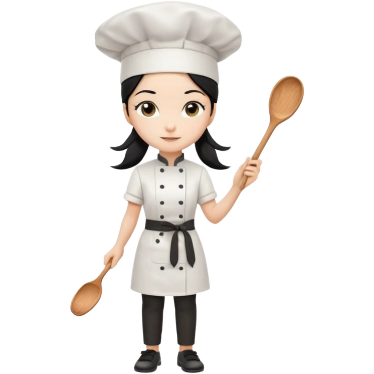 
A beautiful girl wears a white chef's uniform. Her long, straight black hair is styled in a ponytail. She wears a white chef's hat and holds a wooden cooking spoon. She is standing and wearing black shoes. The illustration style is 2D realistic.. emoji