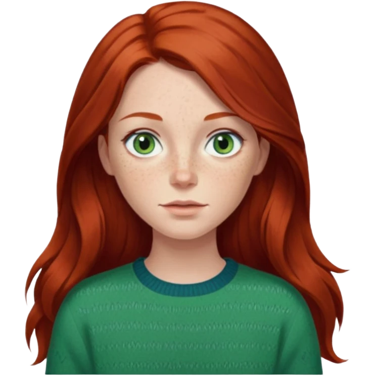 woman with long dark auburn red hair that is mostly straight but has slight waves to it. grey blue eyes. some freckles. wearing a Swedish style sweater that is green.  emoji