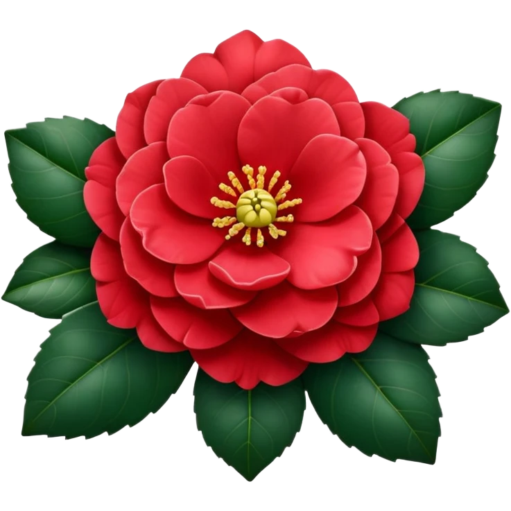 Traditional red camellia japonica (tsubaki) flower with perfectly symmetrical layered petals and glossy dark green leaves emoji