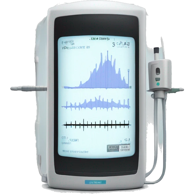 Small, rectangular, medical device with a large screen. On the screen is a steady graph. Attached to the device is a thin clear tube. emoji