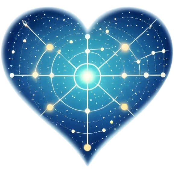 Abstract navigational map with constellation dots forming heart patterns when connected, magical ethereal map with subtle heart geography emoji