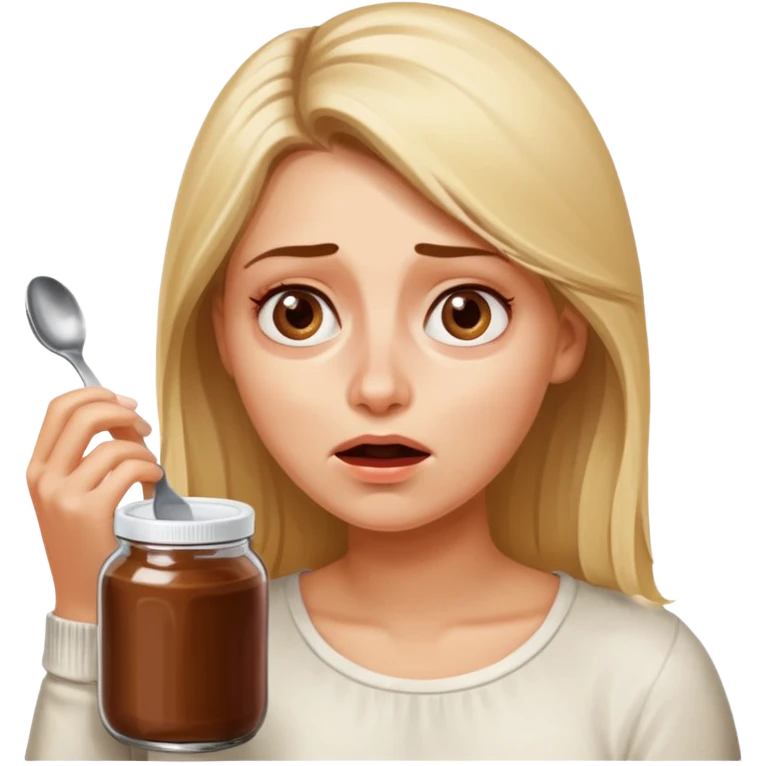 Nutella with a spoon. The glas of Nutella is almost empty . Only the one carriage of Nutella. Next to the Nutella is the head of a blond woman who is desperate to eat the Nutella  emoji