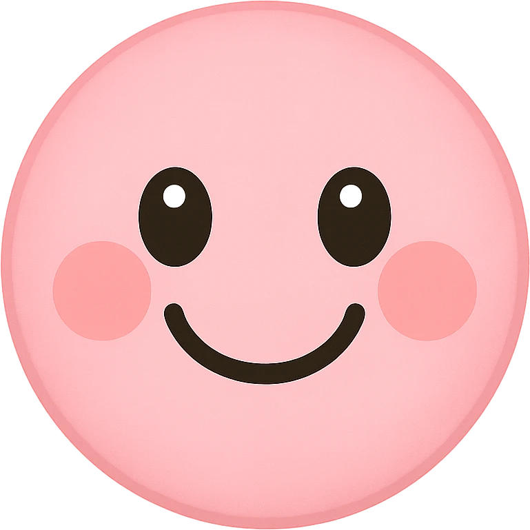 a cute pink smiley face emoji, round, big eyes, blushing cheeks, cheerful emoji