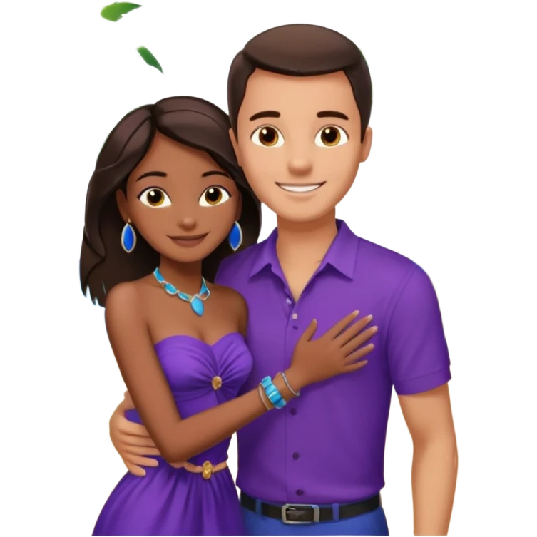 Tan tall brunette European male in blue shirt smiling and hugging a jet black African girl in purple strapless dress and blue jewelry they are on a beach with palm trees emoji