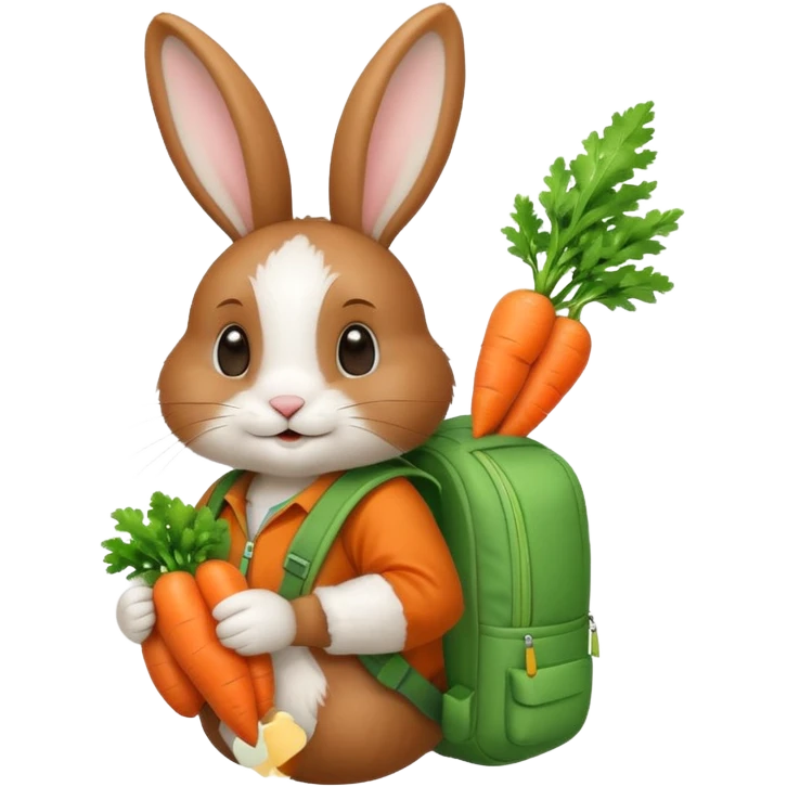 A brown & white, bunny with a green backpack, holding a carrot emoji