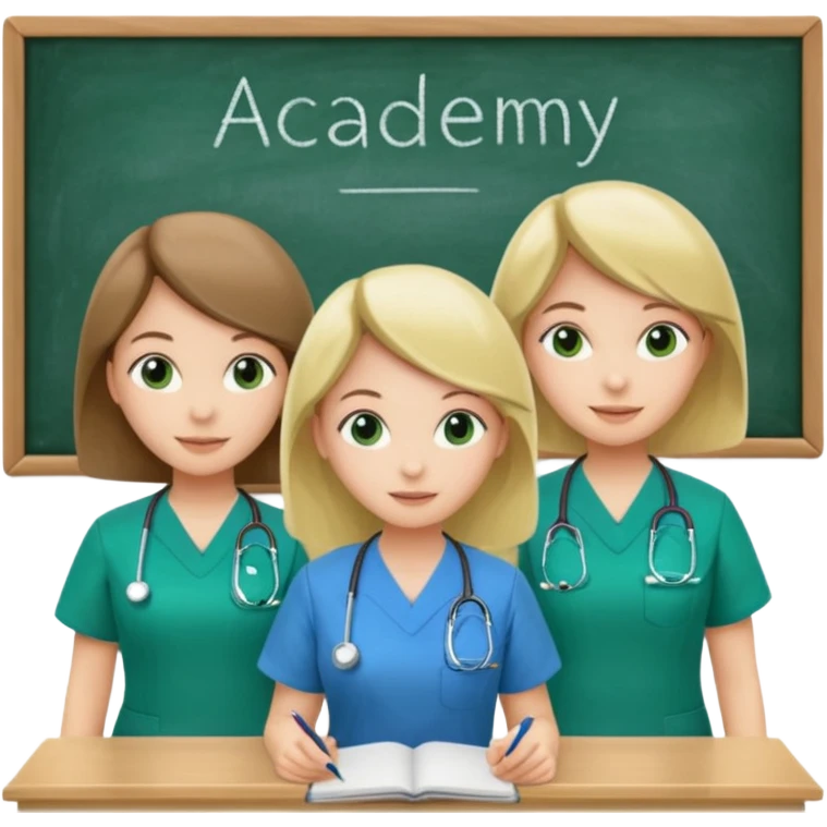 3 different nurses, wearing green and blue work clothes, in a classroom, "Academy" written in white on board emoji