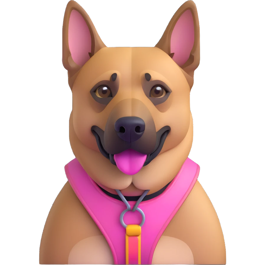 Add a pink harness, pink muzzle, and pink collar to the Belgian Malinois dog, keeping the 3D emoji iOS 18 style emoji