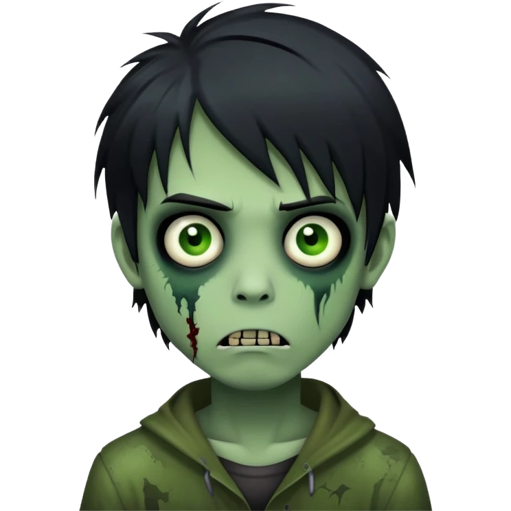 boy zombie with black medium-long emo hair, dark and spooky, green skin, creepy expression emoji
