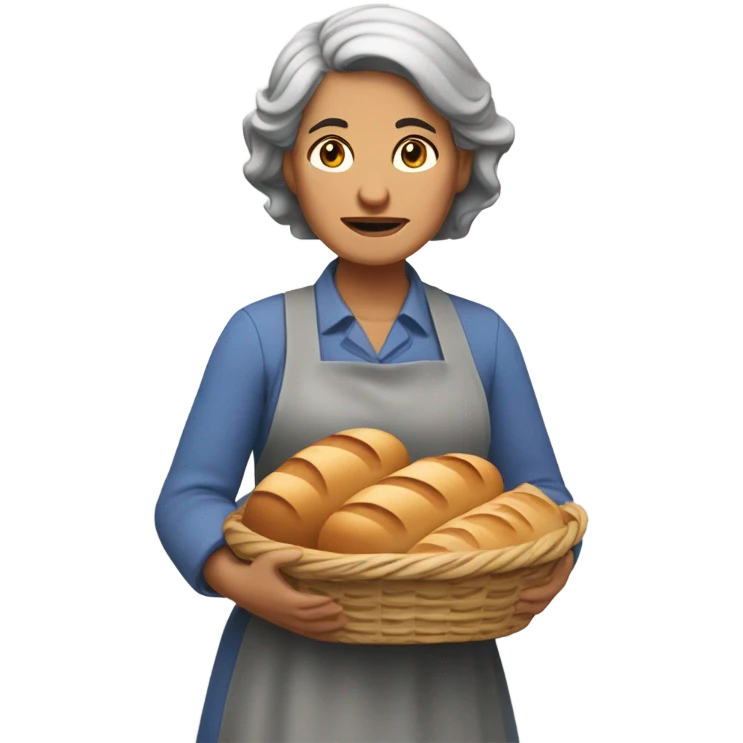 "A middle-aged woman with tired eyes, graying hair tied back, and a warm but worried look. She wears a simple dress with an apron, holding a loaf of bread or basket in a modest kitchen." emoji