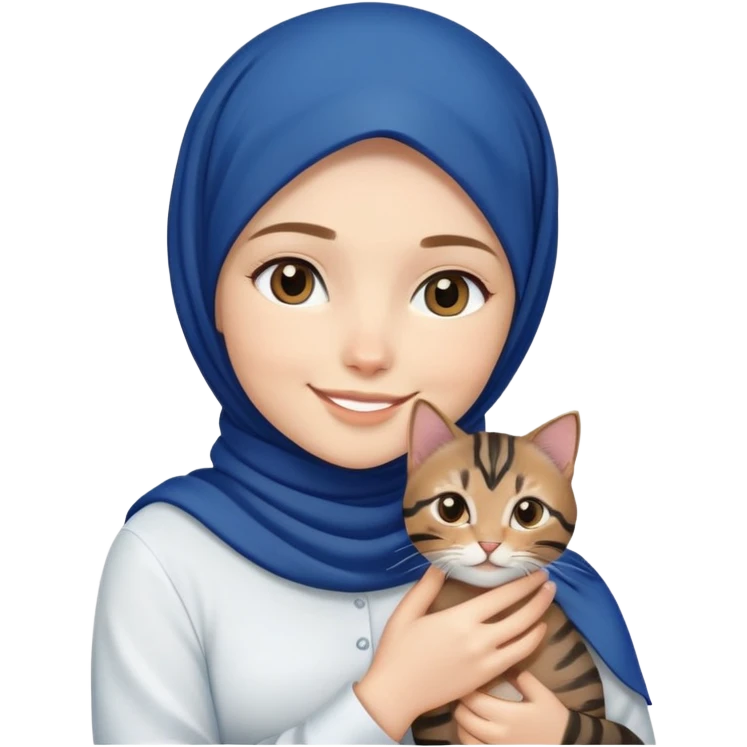 White girl wearing dark blue hijab with white shirt smiling while holding a black browntabby cat emoji