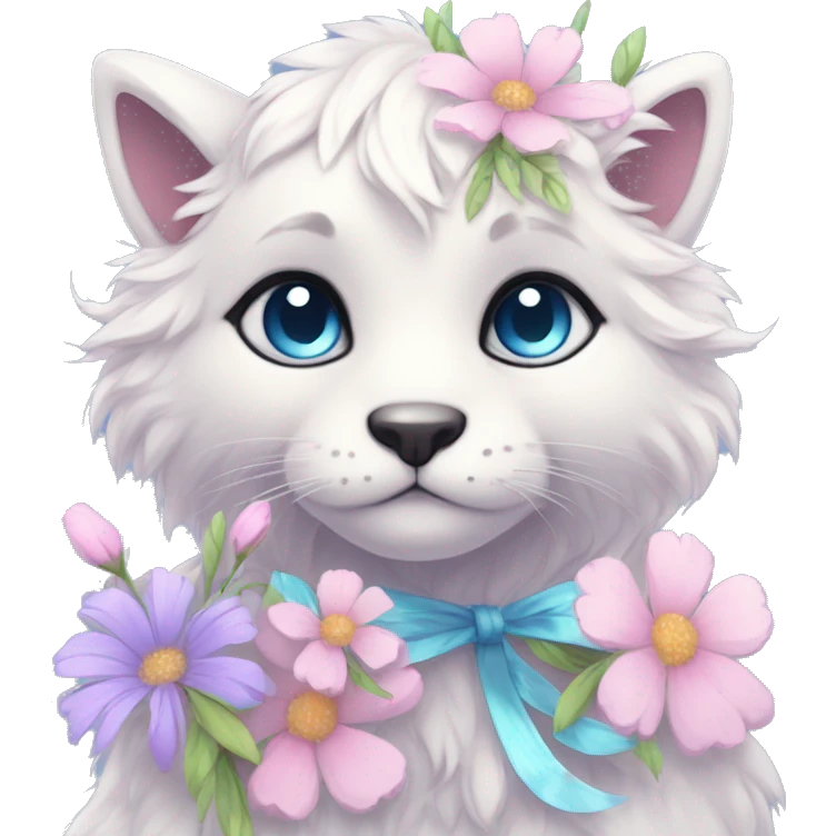 Anthro Cute Cool Pastel Kawaii gorgeous sparkly ethereal fantasy animal creature with blue eyes furry sona with flowers and ribbons beautiful aesthetic emoji