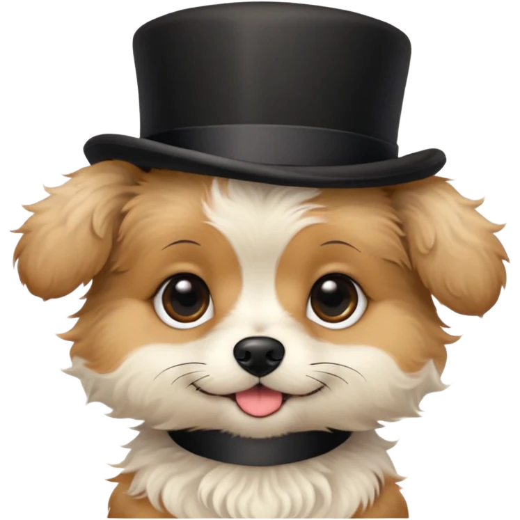 cute small dog with plain light tan fur, black nose, black round eyes, curly fluffy medium length hair, wearing a top hat emoji