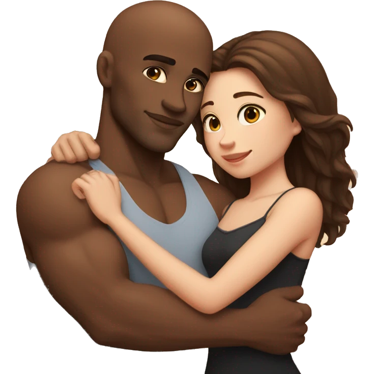 Beautiful Girl with long brown hair and boy with brown hair cuddling, Bald black man with big biceps emoji