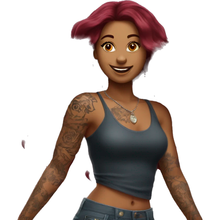 Beautiful tattooed burgundy long haired woman dancing emoji