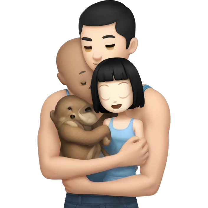 black haired but white skin girl holding a plushie while being kissed in the head by her white skin strong muscular bf who has short hair like a buzz cut u emoji