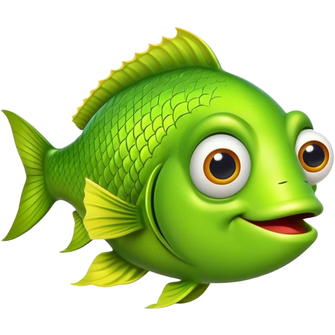 extremely goofy bright lime green fish with huge bulging eye and dopey smile, looking incredibly stupid and friendly, perfect flat side profile facing right, exactly 90 degrees, one eye visible emoji