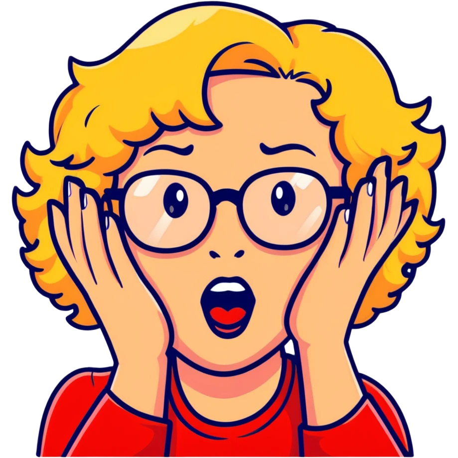Blonde woman with short curly hair, slightly overweight, wearing red-framed glasses, shouting with hands on both sides of her mouth emoji
