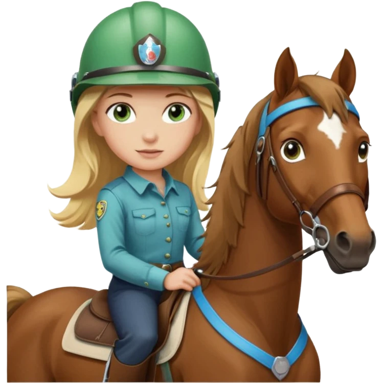una ragazza bionda con occhi azzurri/verdi sopra un quarter horse con criniera marrone emoji