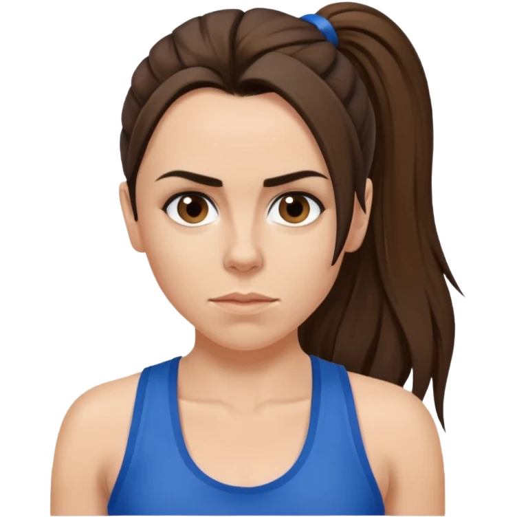 Melanie C with hazel eyes, dark brown long ponytail hair, blue tank top emoji