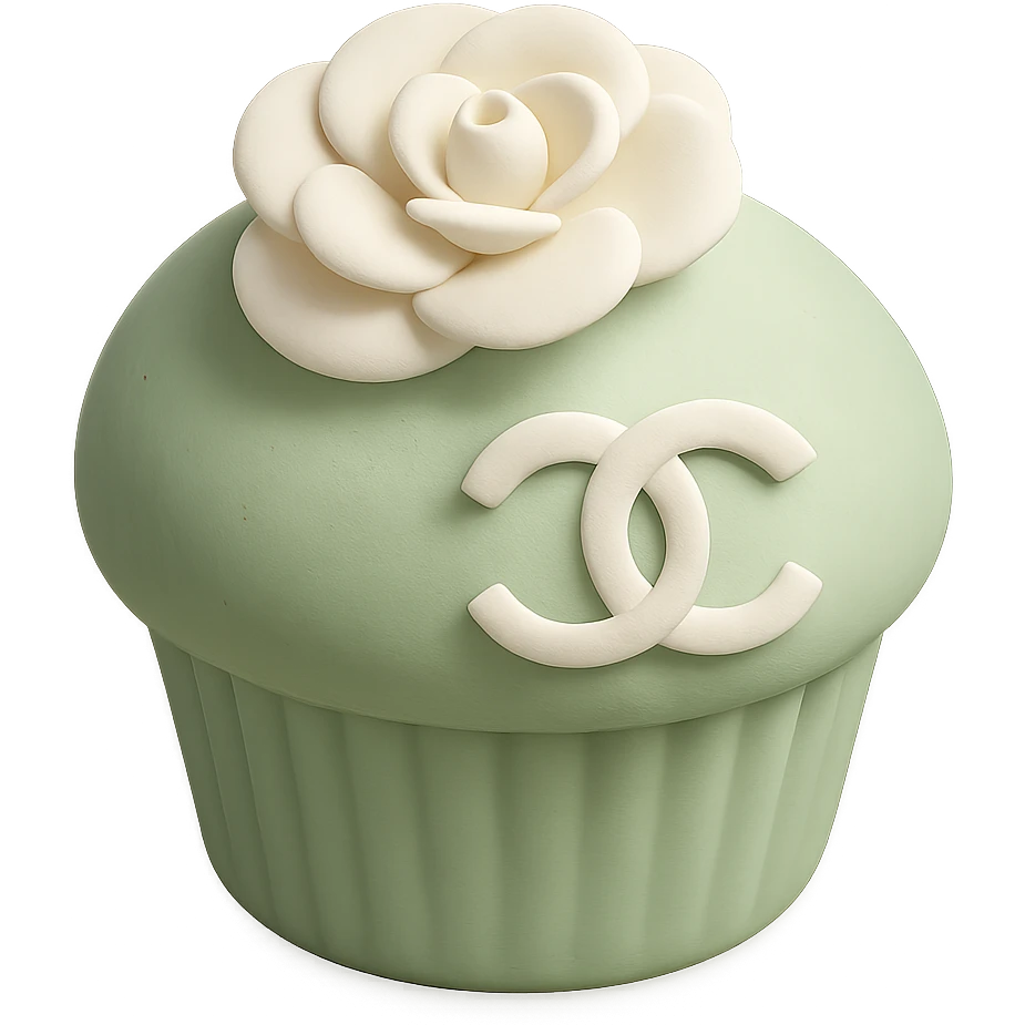 pastel green Chanel cupcake with a white camellia flower and edible logo, delicate and elegant emoji