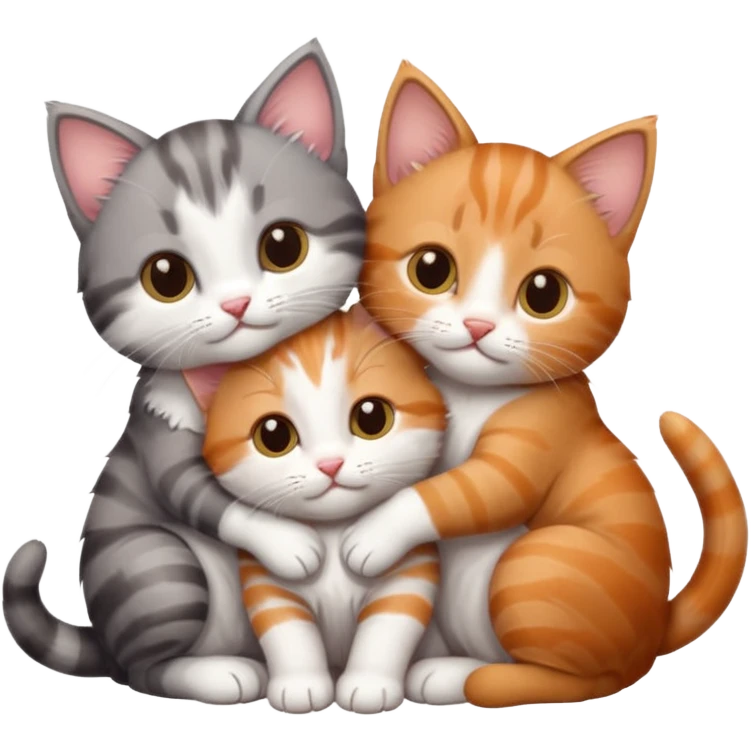 3 kittens cuddling together all different colours, the first one is grey and white, the second is ginger and white and the third is brown tabby and white emoji