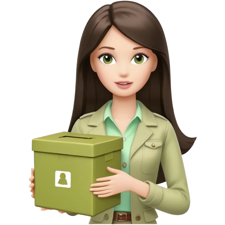 A white Barbie girl with long dark brown straight hair in pale olive clothes holds pale green box emoji