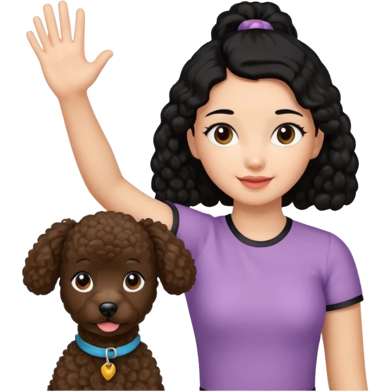 Ponytail black hair girl with brown Poodle say goodbye  emoji