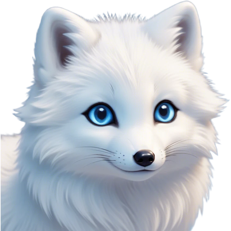 Cinematic Cute Arctic Fox Portrait Emoji, Head tilted playfully and inquisitively, featuring a silky, pure white Fur with delicate hints of icy blue on the ears and muzzle, round, sparkling eyes filled with curious charm, Simplified yet irresistibly adorable features, highly detailed, glowing with a warm, friendly glow, high shine, affectionate and spirited, stylized with a touch of frosty whimsy, bright and endearing, soft glowing outline, capturing the essence of a mischievous yet loving arctic fox, so playful it feels like it could frolic out of the screen and into your arms! emoji