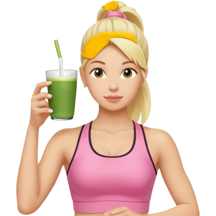 blonde pilates instructor in pink drinking matcha emoji