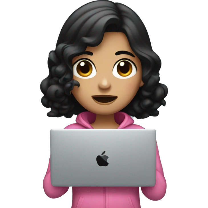 A girl wearing pink with black hair crying while holding a mac book air emoji