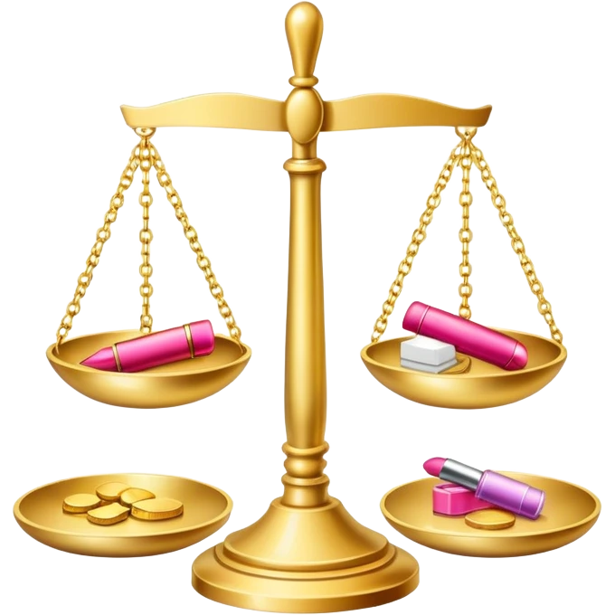 gold scale with dollars on one side and beauty products like lipstick, perfume, makeup on the other emoji