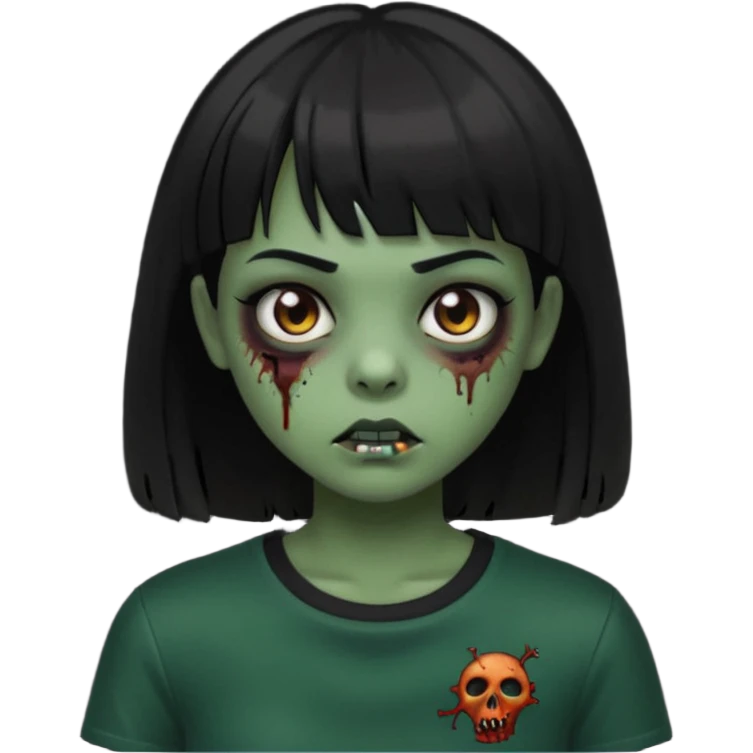 Zombie girl emoji verde escuro com cabelo curto liso preto no ombro e franja na altura da sobrancelha com uma blusa preta, olhos castanhos escuros emoji
