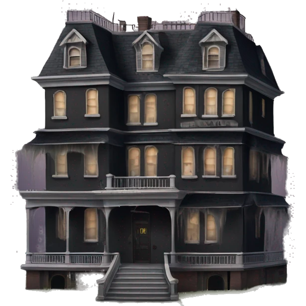 Dark dilapidated 8 story sprawling Haunted Addams manor hotel with attached garage  emoji