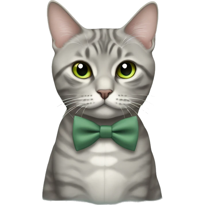 Aesthetic fat grey tabby British short hair full body cat with sage green bow tie emoji