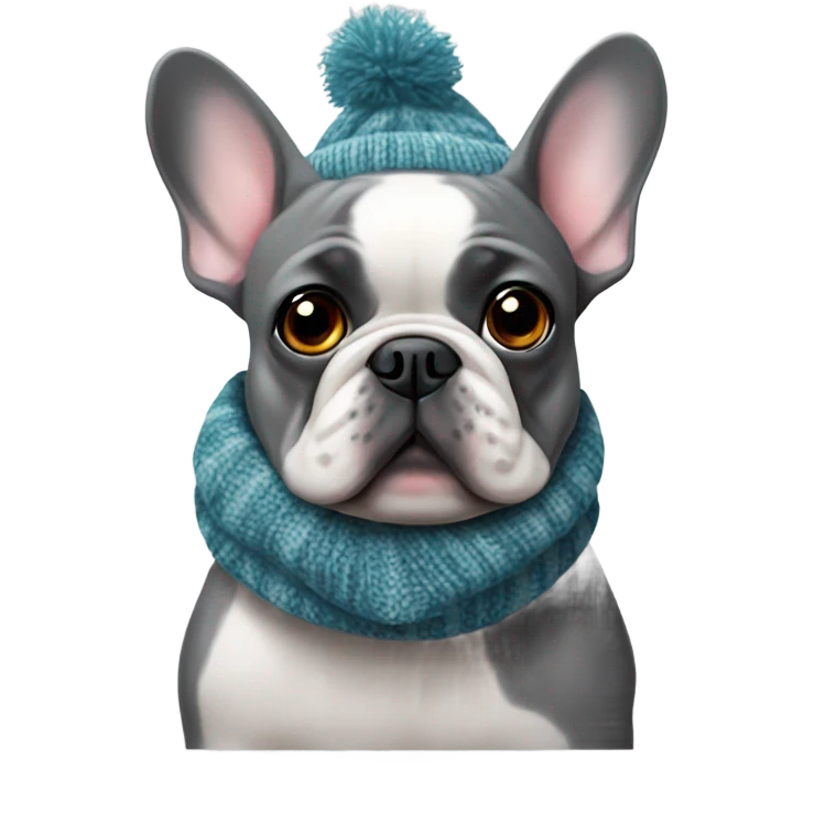 gray French bulldog in christmas knitted scarf emoji
