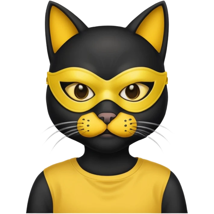 a black cat with yellow mask and shirt, half upon
 emoji