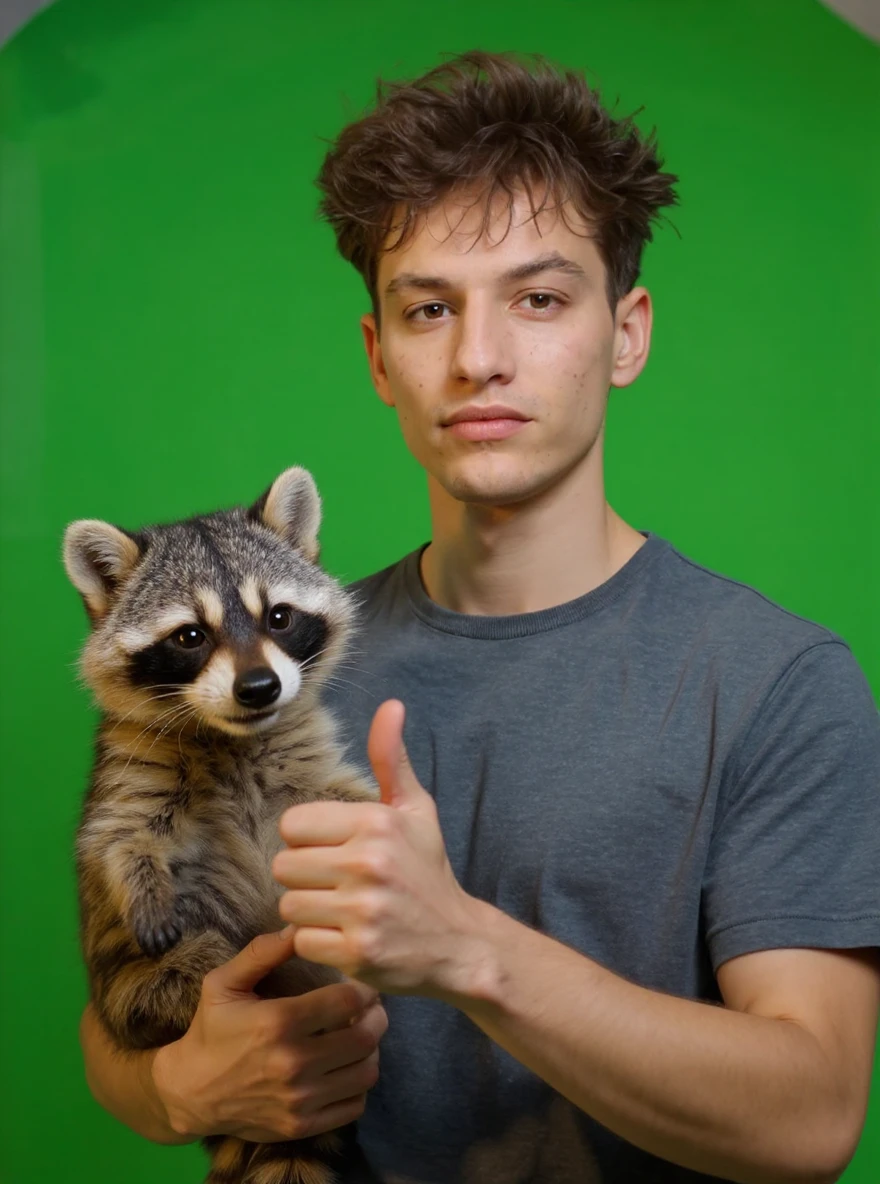 Make him holding happy raccoon showing thumbs up, in background movie set with green screen, proffesional light emoji