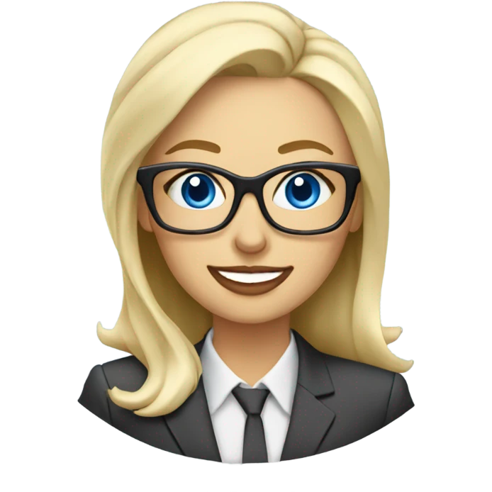 Corporate blonde boss lady with glasses happy blue eyes sitting at a desk drinking coffee  emoji