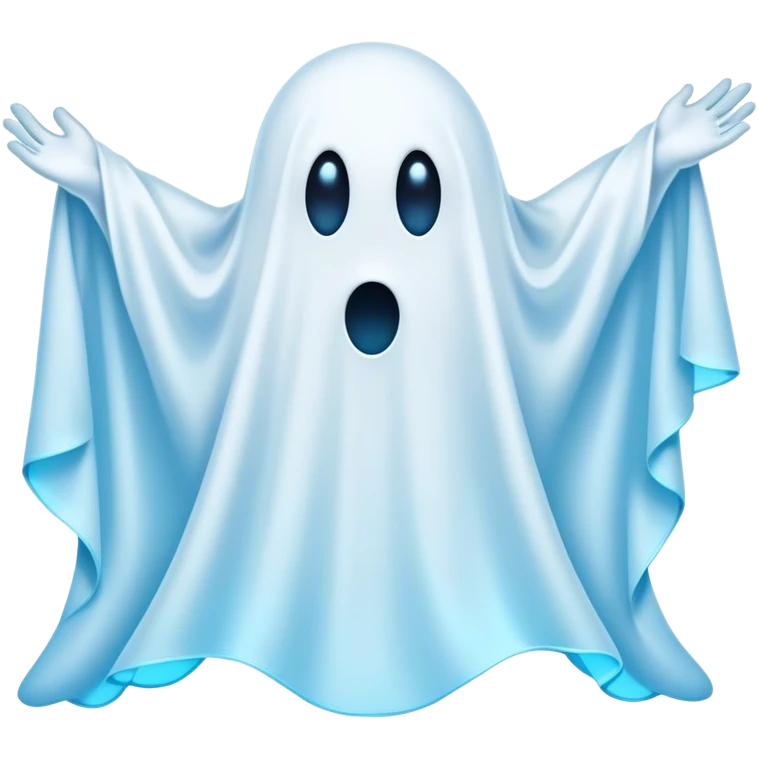 A hilariously exaggerated floating sheet ghost, its simple yet expressive form billowing with animated energy in vibrant whites and pale blues, with two wide, comically shocked eyes and a quirky, startled mouth, simplified yet overflowing with personality, highly detailed with a soft neon-like glowing outline, capturing the playful absurdity of a ghost caught off guard! emoji