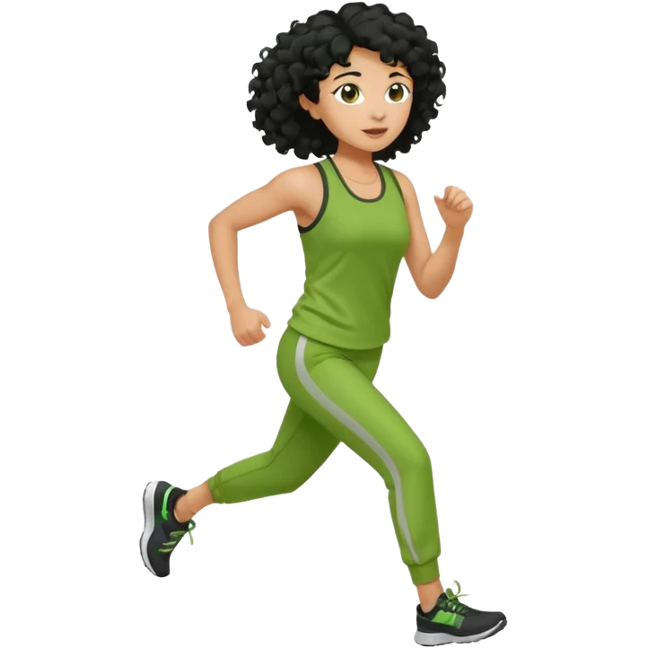 a woman with olive skin tone and curly black hair wearing green and jogging emoji