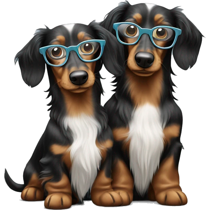 Two Tri Merle long haired Dachshunds together wearing glasses emoji