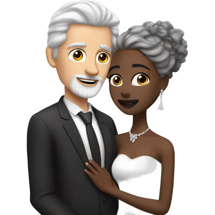 A pale white man with grey hair and with a goatee has just married, with a black woman with black neck length curly hair and a brown complexion. They have a lot of money. they are hugged emoji