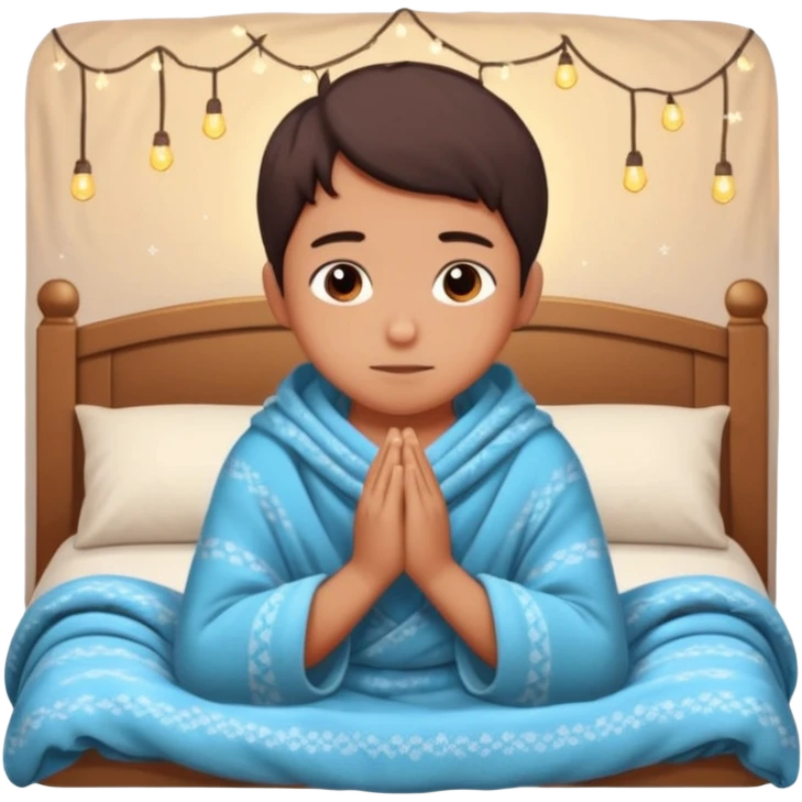 Gen Z person praying at night in bedroom, fairy lights, cozy blanket emoji