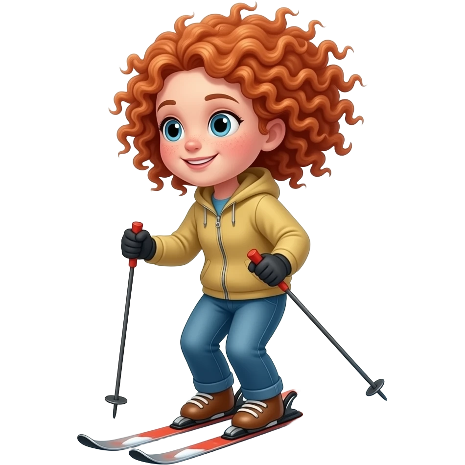 Fille rousse bouclés tâches de rousseur ski emoji