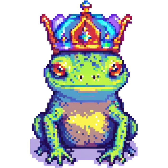 pixel art crowned frog, simple and colorful emoji