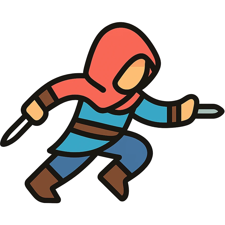 assassin's creed character in a dynamic pose, hooded, with hidden blade, minimalist, rounded, soft lines, simple shapes, Airbnb icon style emoji