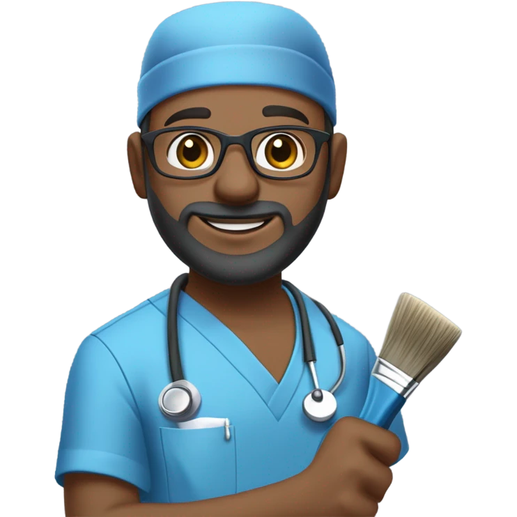 male dark blond haired doctor in scrub cap with grey van dyke beard with hazel eyes and small wire-rimmed glasses in blue scrubs holding a large paintbrush emoji